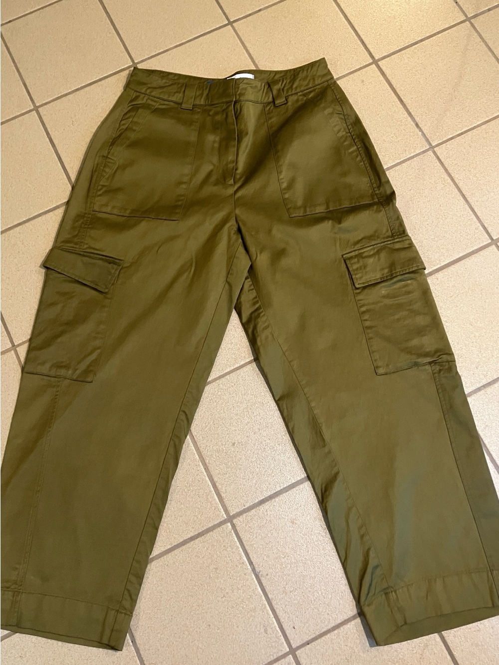 Extra-High Waisted Satin Cargo Barrel Pants | Olive Green | Size 10 ankle